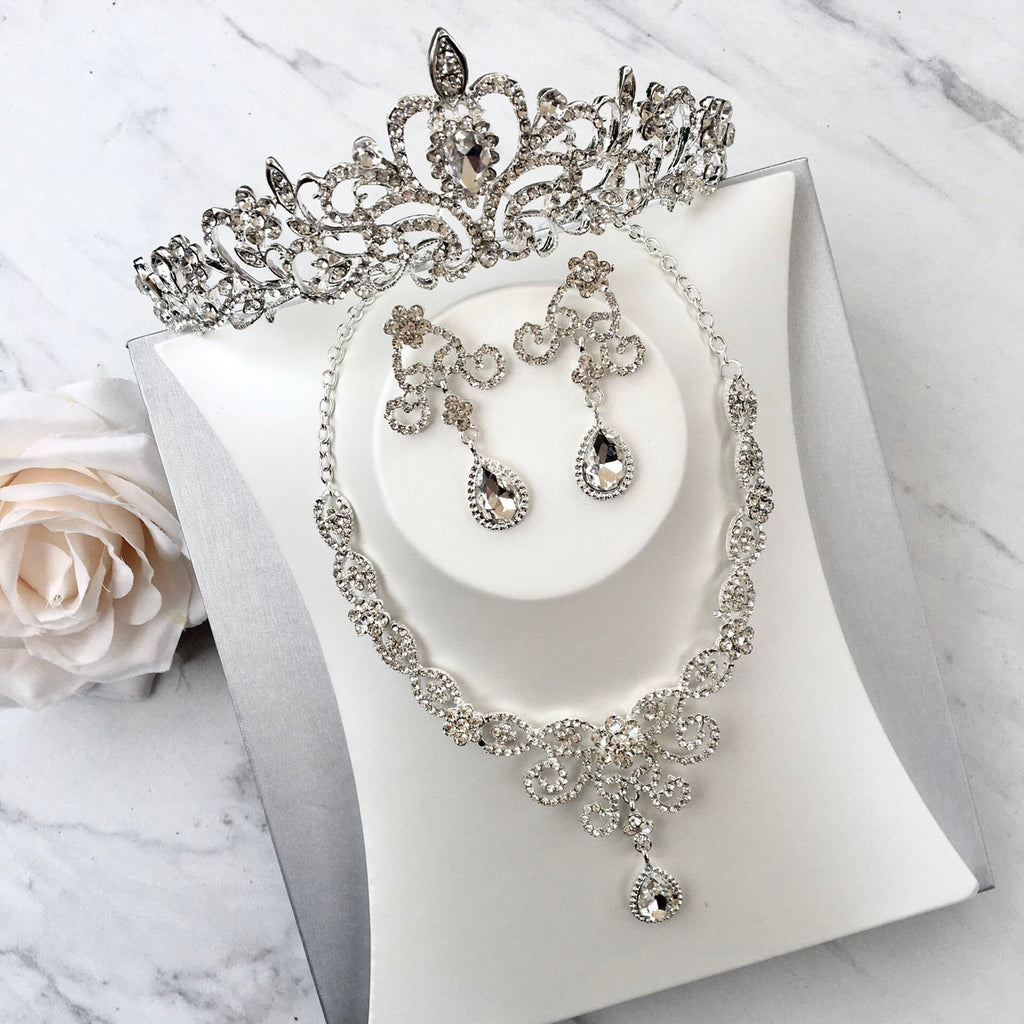 Wedding Jewelry and Accessories - Silver Cubic Zirconia 3-Piece Bridal Jewelry Set With Tiara