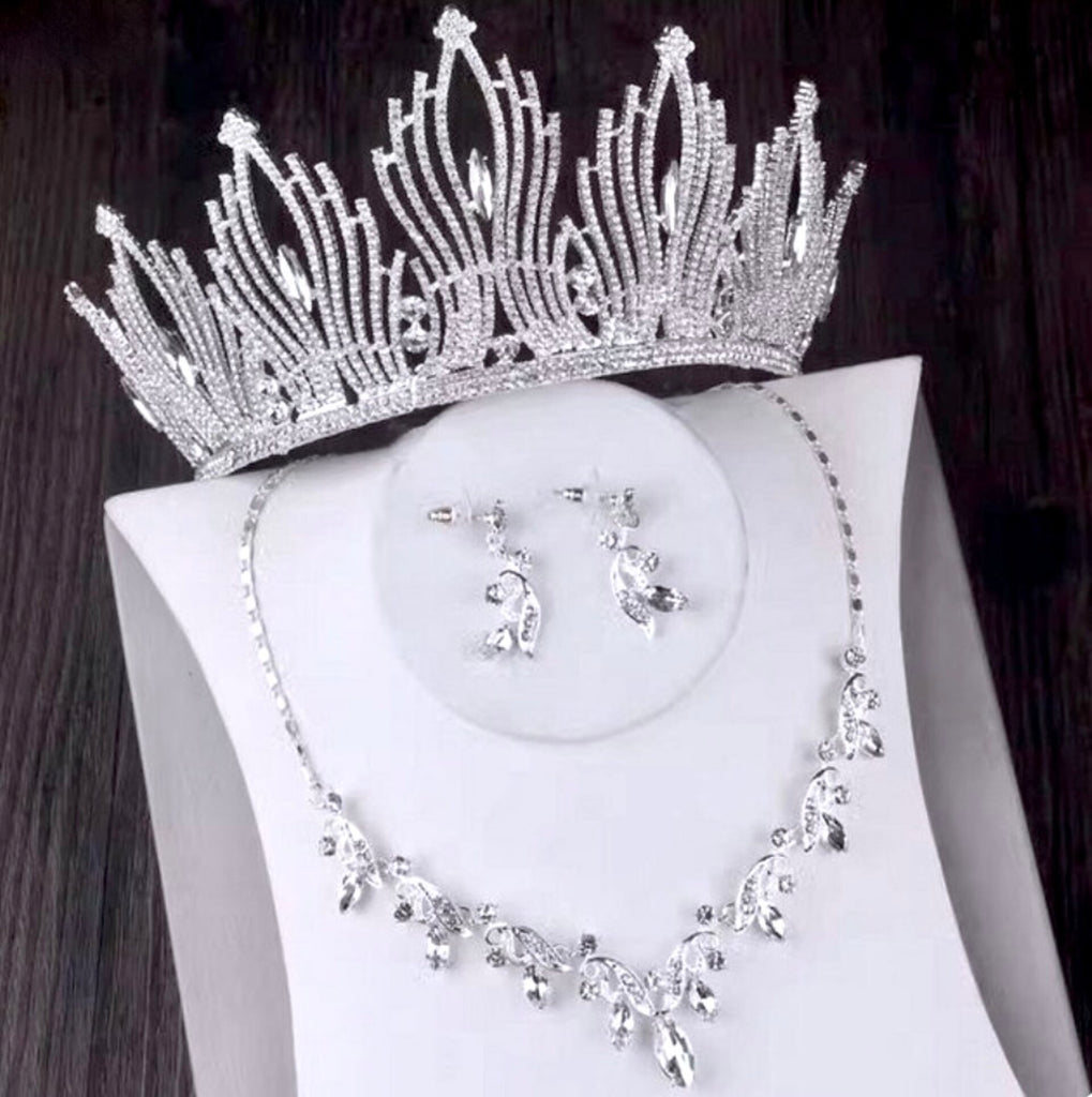 Wedding Jewelry and Accessories - Silver Cubic Zirconia 3-Piece Bridal Jewelry Set With Tiara