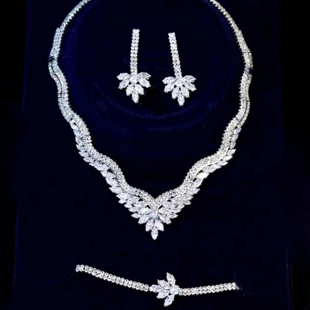 Wedding Jewelry - Silver Cubic Zirconia Bridal Three-Piece Jewelry Set
