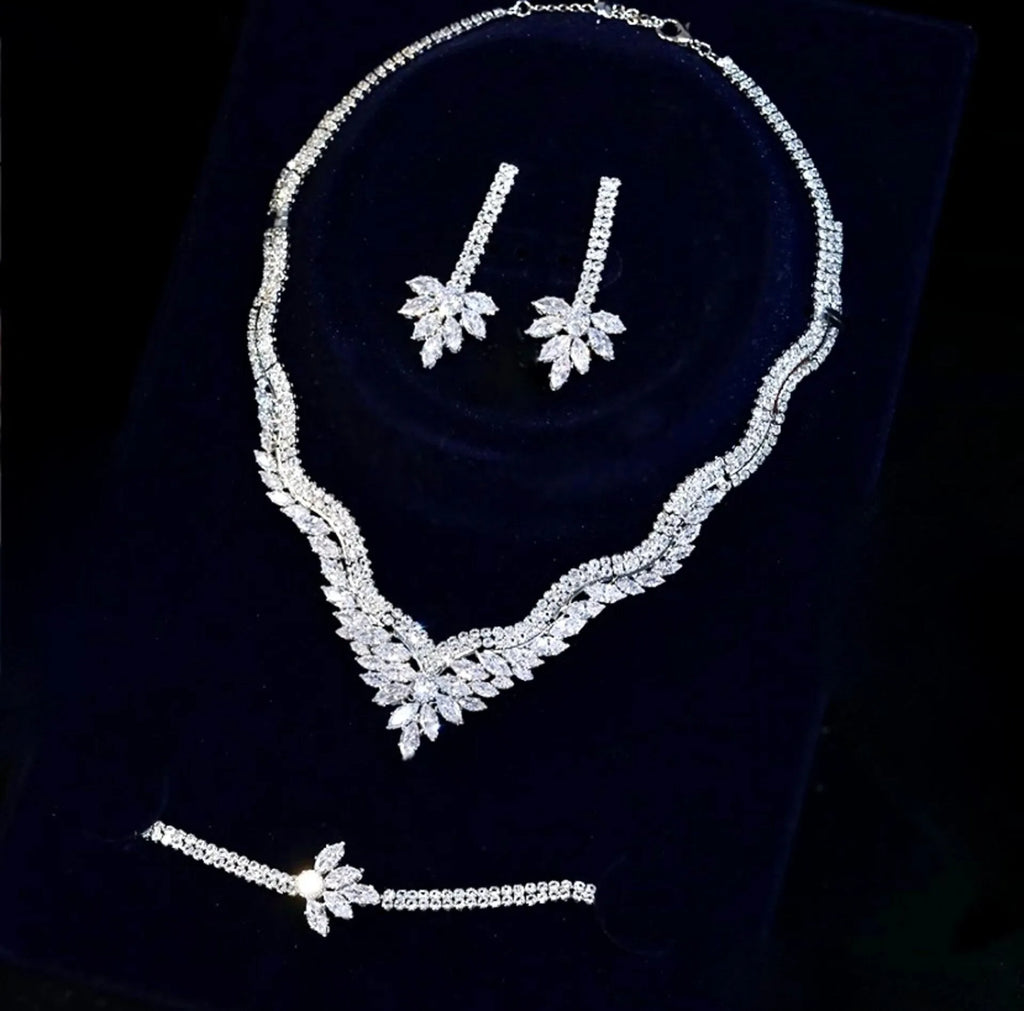 Wedding Jewelry - Silver Cubic Zirconia Bridal Three-Piece Jewelry Set