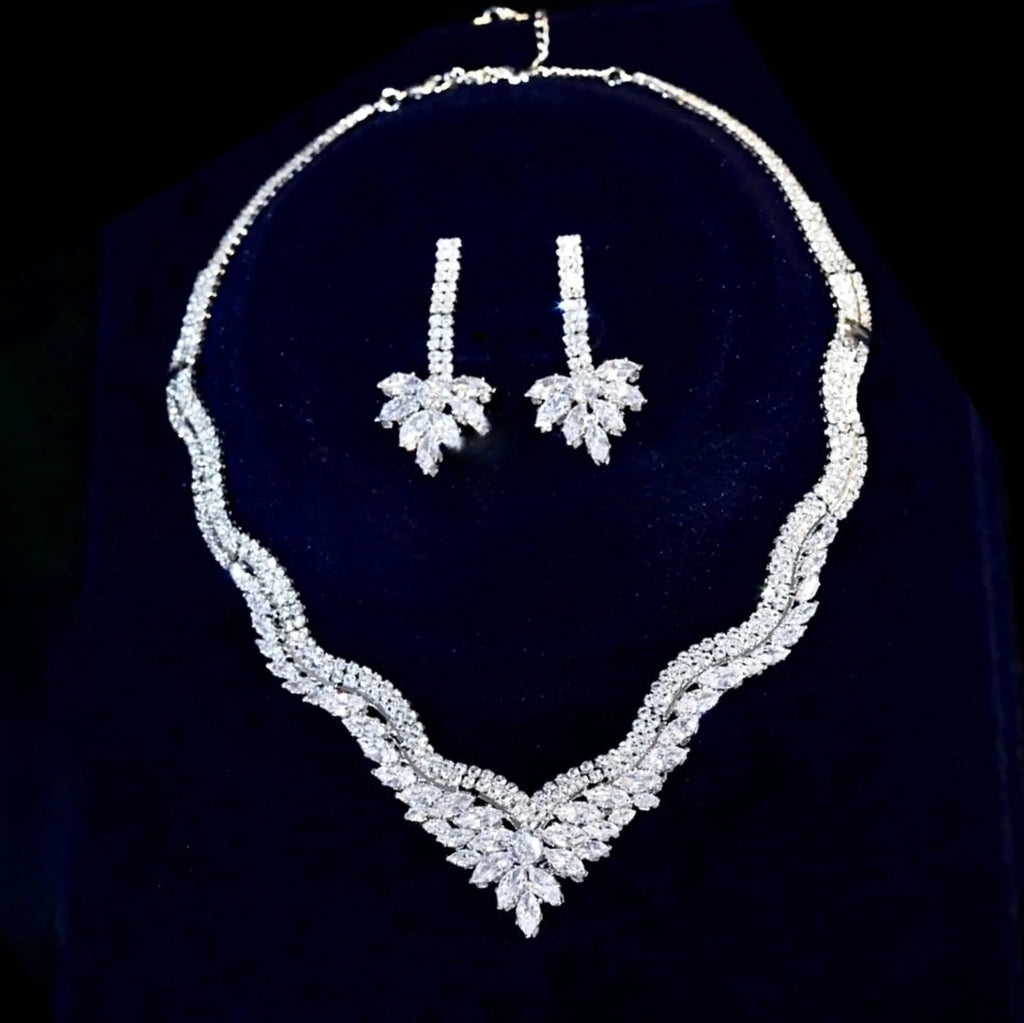 Wedding Jewelry - Silver Cubic Zirconia Bridal Three-Piece Jewelry Set