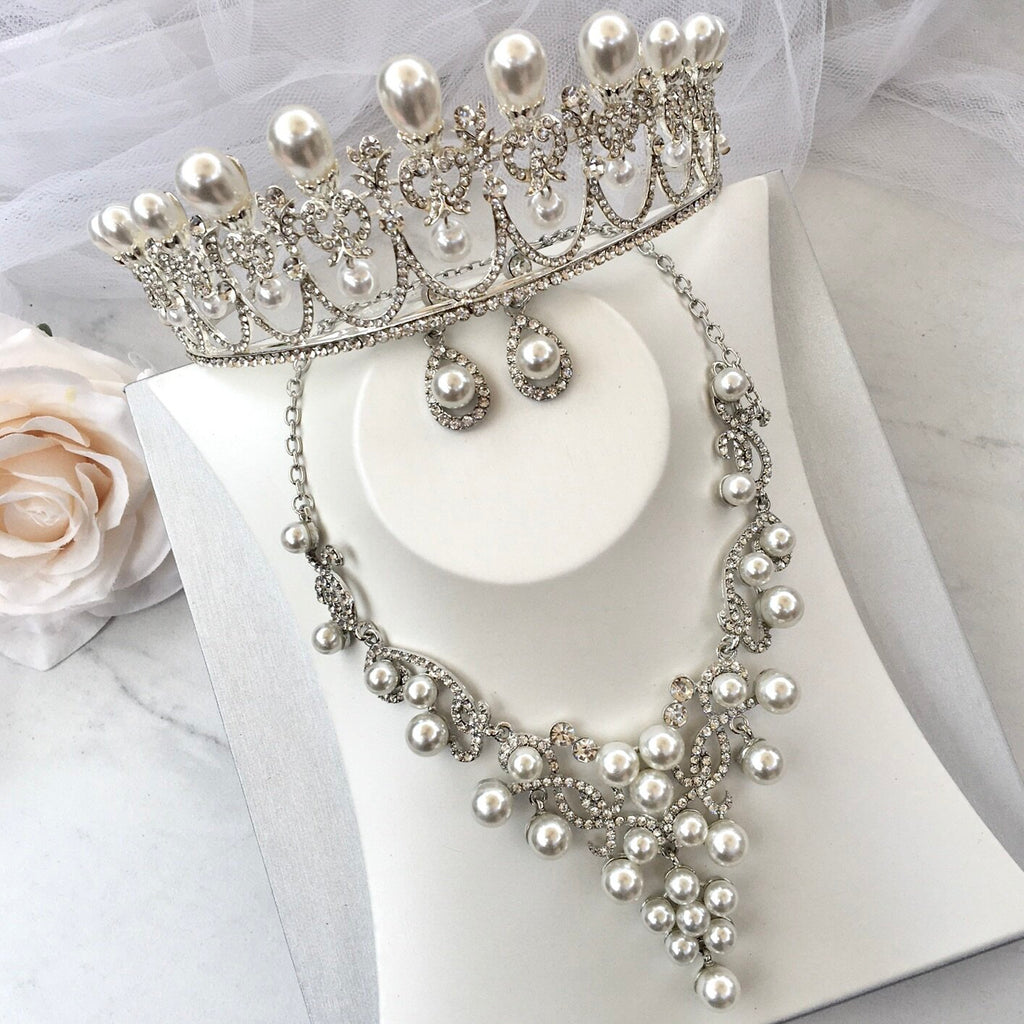 Wedding Jewelry and Accessories - Pearl 3-Piece Bridal Jewelry Set With Tiara