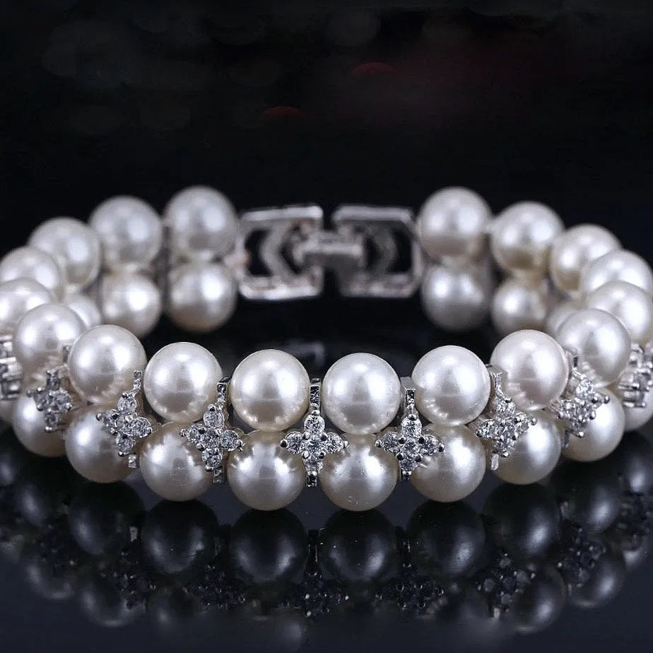 Pearl Wedding Jewelry - Pearl and Cubic Zirconia Bridal Bracelet