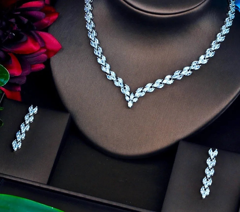 Wedding Jewelry - Silver Cubic Zirconia Bridal Three-Piece Jewelry Set