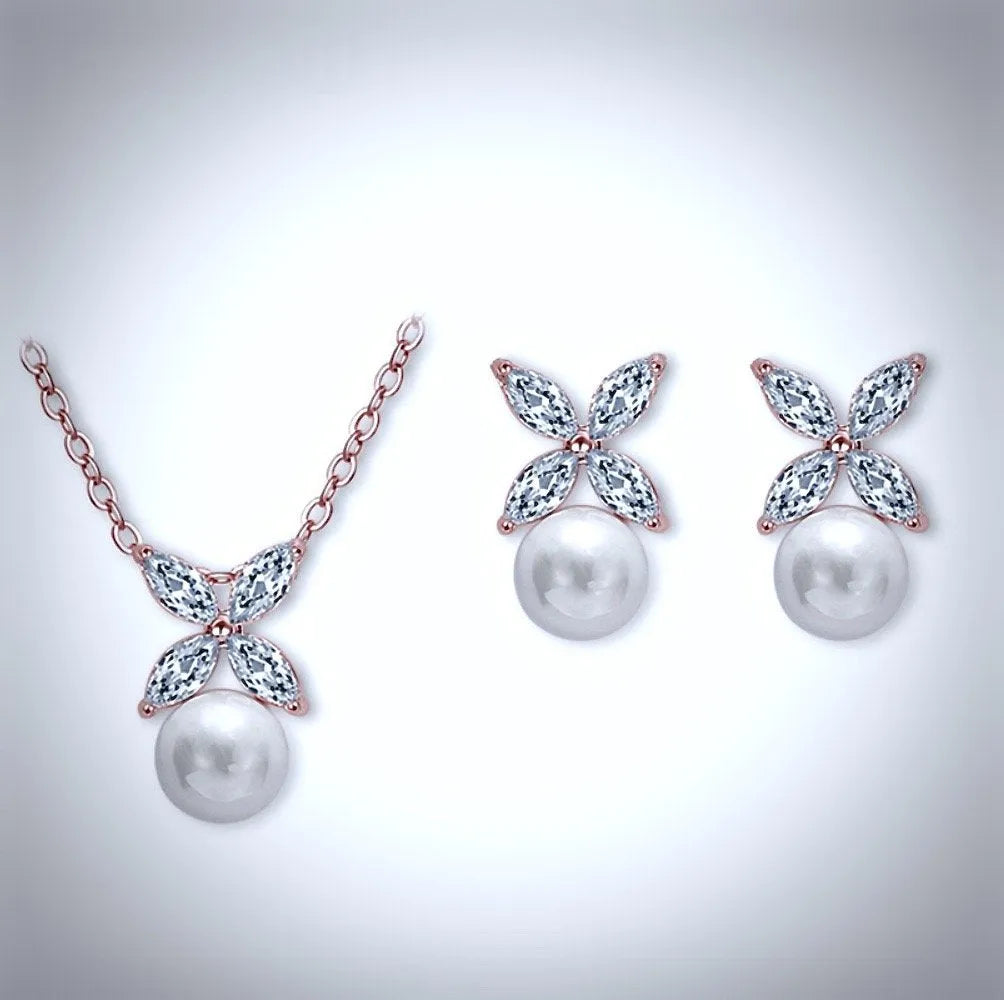 Pearl Wedding Jewelry  - Pearl and Cubic Zirconia Jewelry Set - Available in Rose Gold and Silver