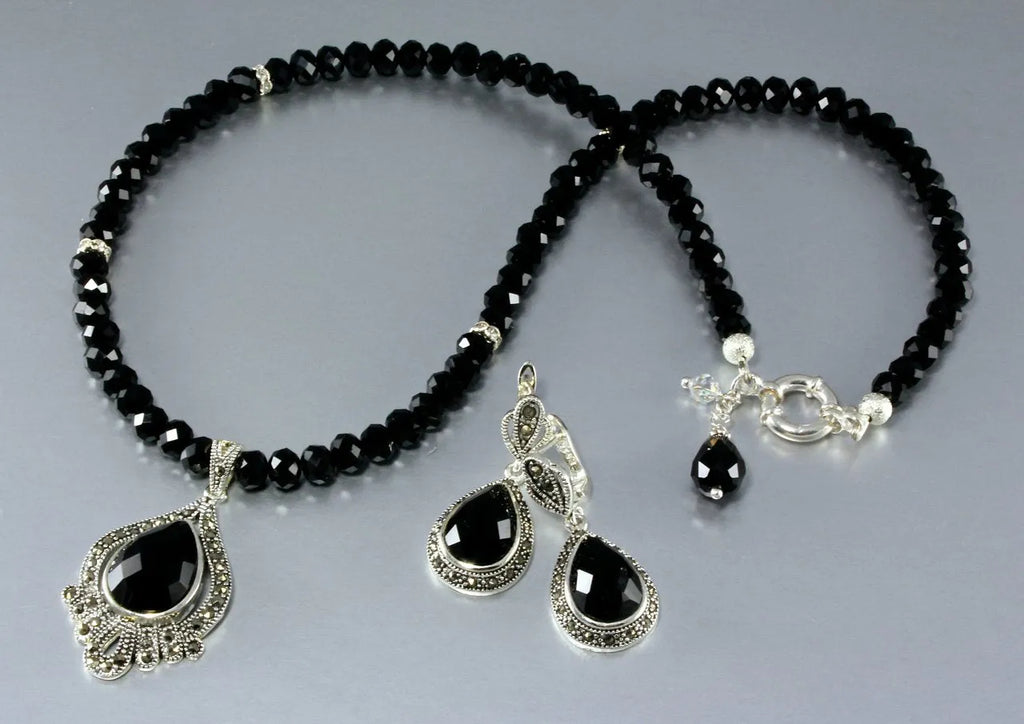 "Dauphine" - Black Agate, Marcasite, and Sterling Silver Necklace/Earrings/Set