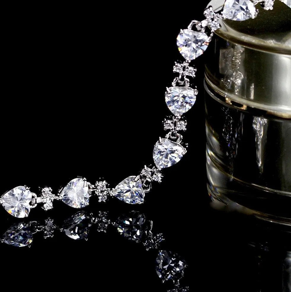 Wedding Jewelry - Silver Cubic Zirconia Heart Bracelet