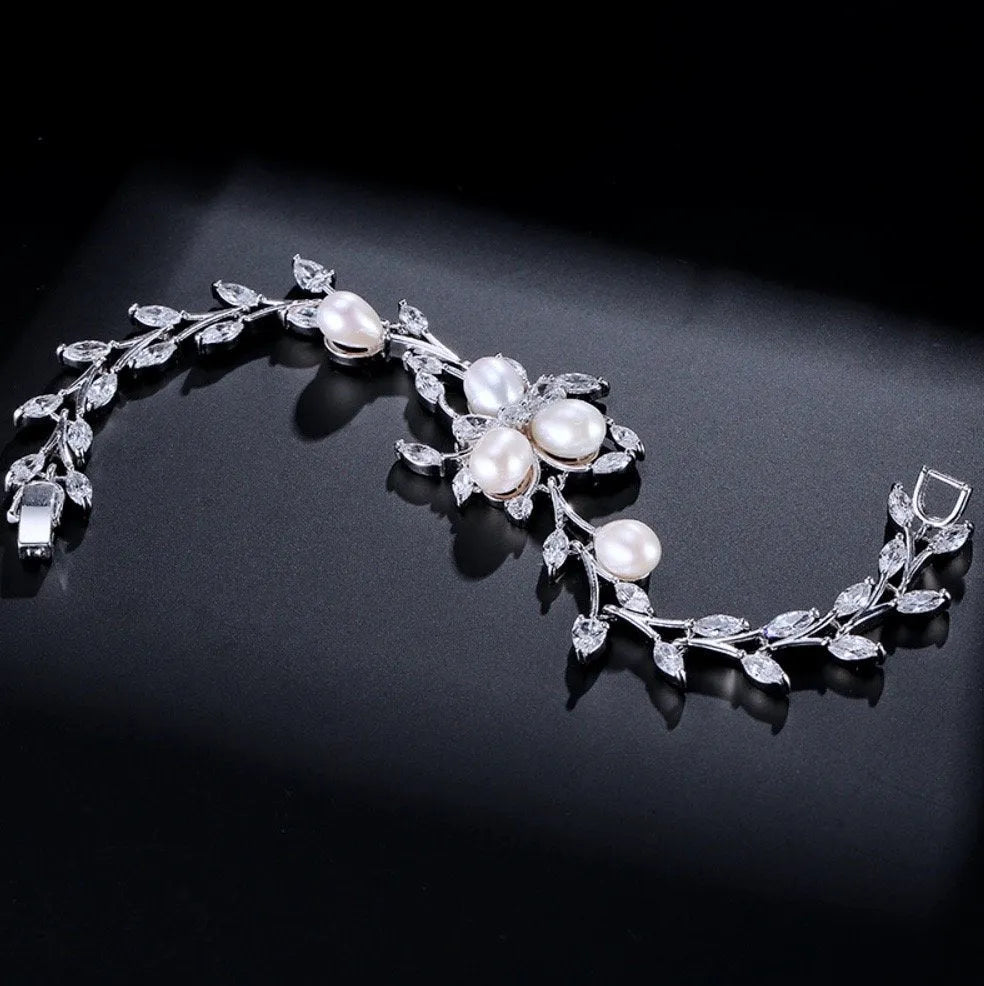 Wedding Jewelry - Freshwater Pearl and Cubic Zirconia Bridal Bracelet - Available in Silver, Rose Gold and Yellow Gold