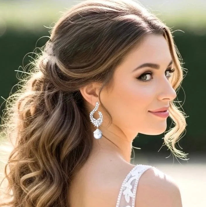 Wedding Jewelry - Pearl and Cubic Zirconia Bridal Earrings 