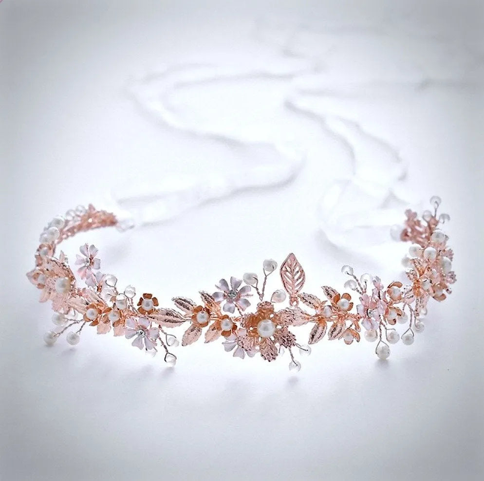 Rose Gold Pearl & Crystal Bridal Headband for Weddings  display picture 1