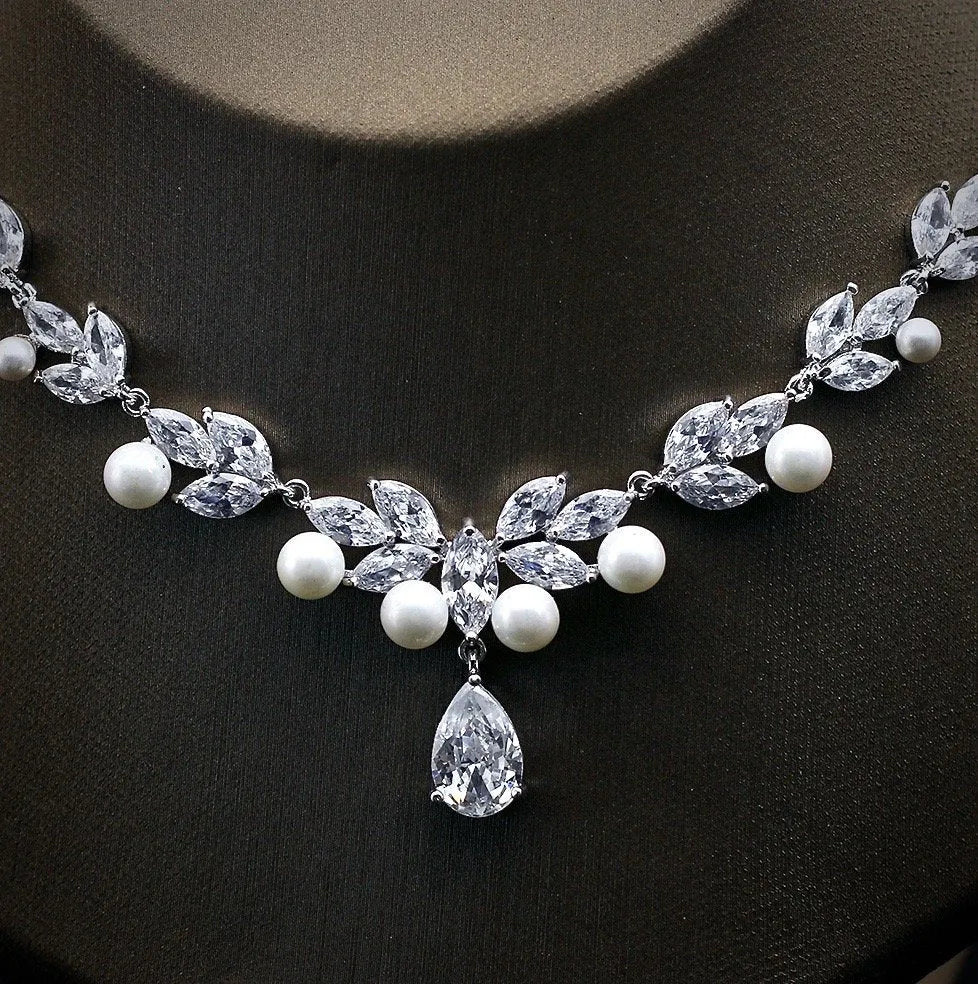 Wedding Jewelry - Silver Cubic Zirconia and Pearl Bridal Jewelry Set