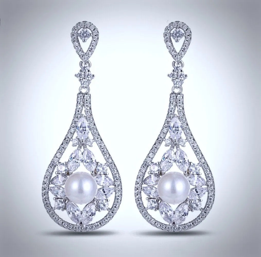 Wedding Jewelry - Pearl and Cubic Zirconia Bridal Earrings