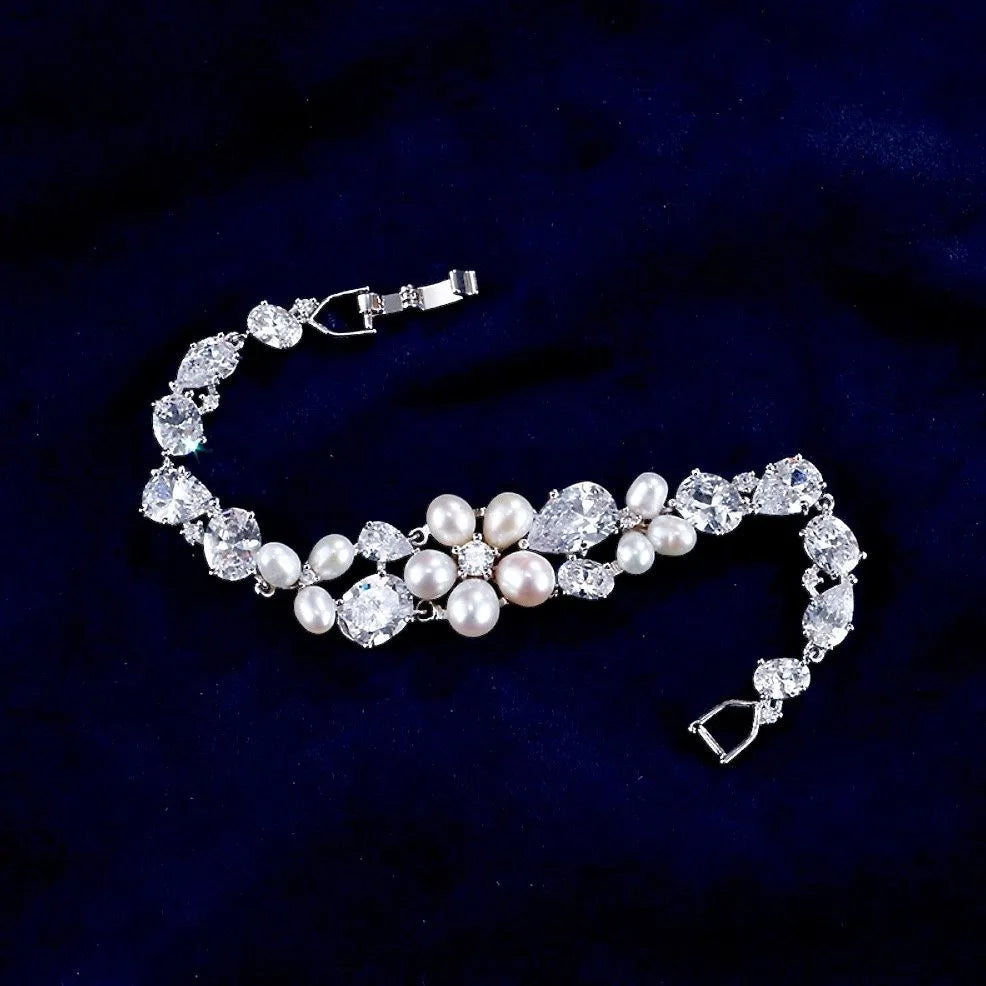 Pearl Wedding Jewelry - Freshwater Pearl and Cubic Zirconia Bridal Bracelet