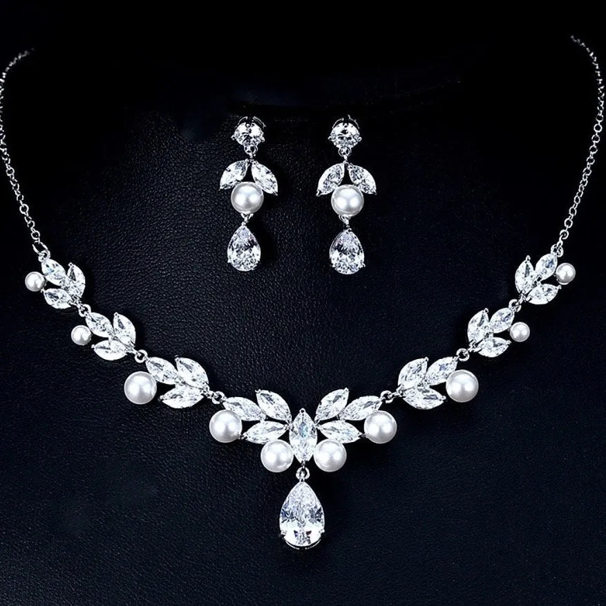 Wedding Jewelry - Silver Cubic Zirconia and Pearl Bridal Jewelry Set