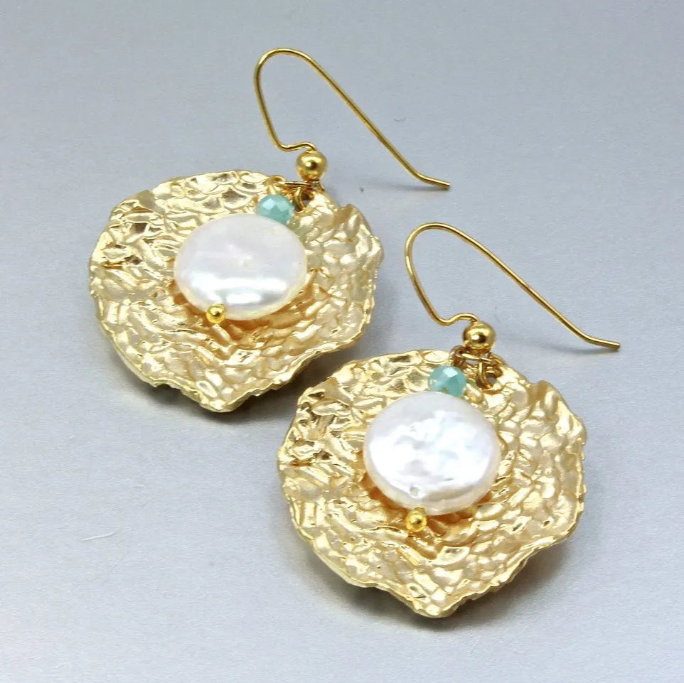 Pearl Wedding Jewelry - Cultured Pearl and Blue Chalcedony Bridal Earrings