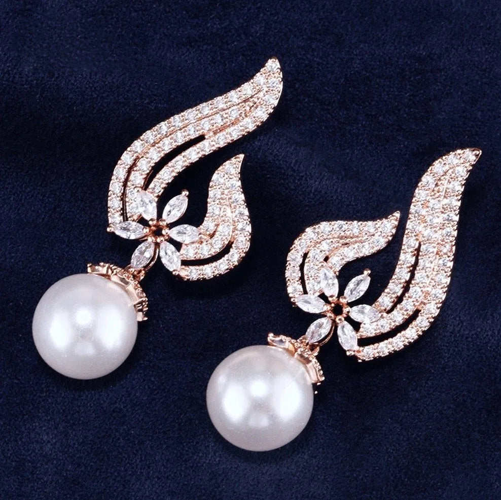 Wedding Jewelry - Pearl and Cubic Zirconia Bridal Earrings - Available in Rose Gold and Silver