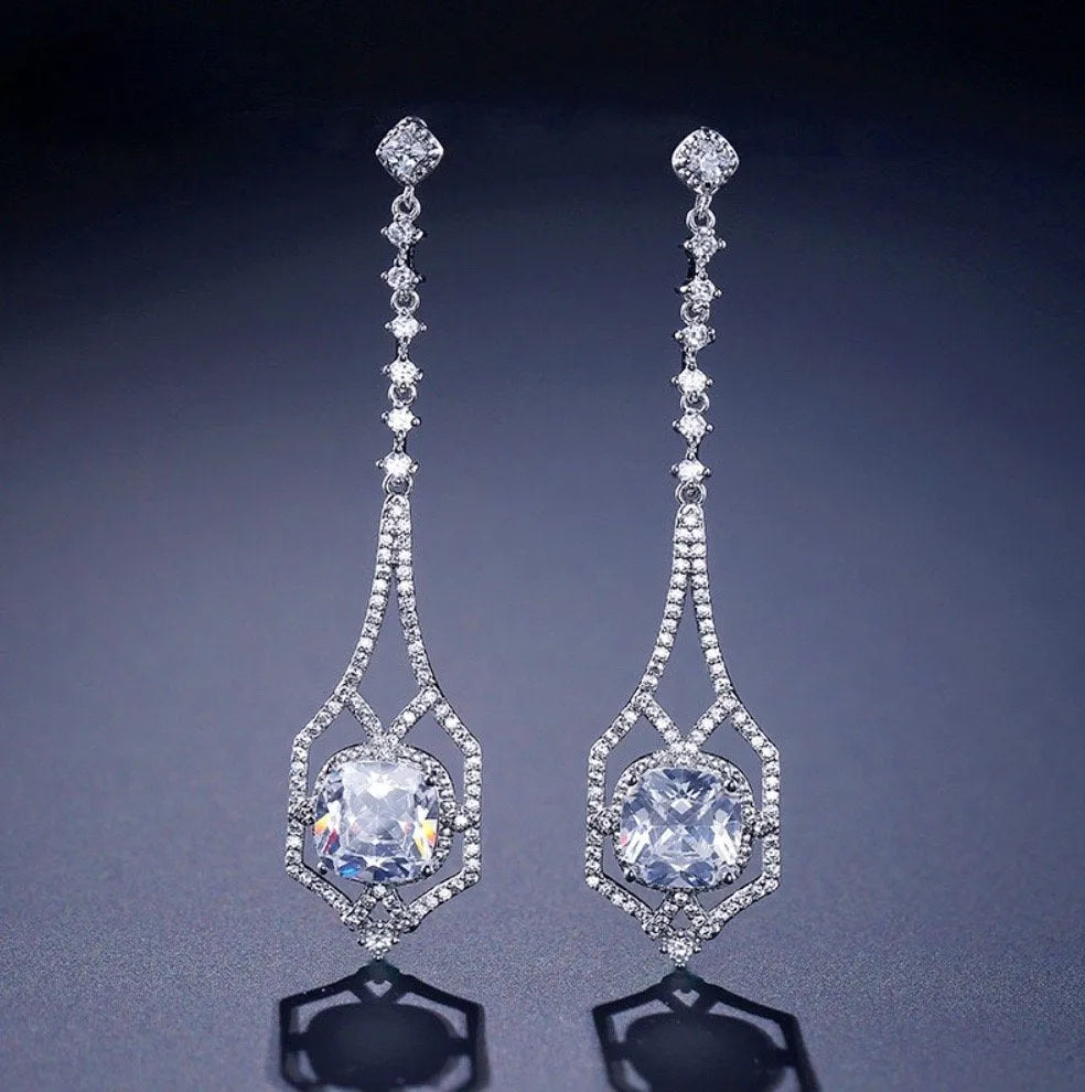 Wedding Jewelry - Silver Cubic Zirconia Bridal Earrings