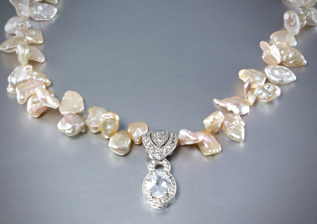 "Bella" - Keshi Pearls and Cubic Zirconia Bridal Necklace and Earrings Set
