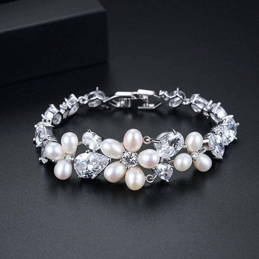 Pearl Wedding Jewelry - Freshwater Pearl and Cubic Zirconia Bridal Bracelet