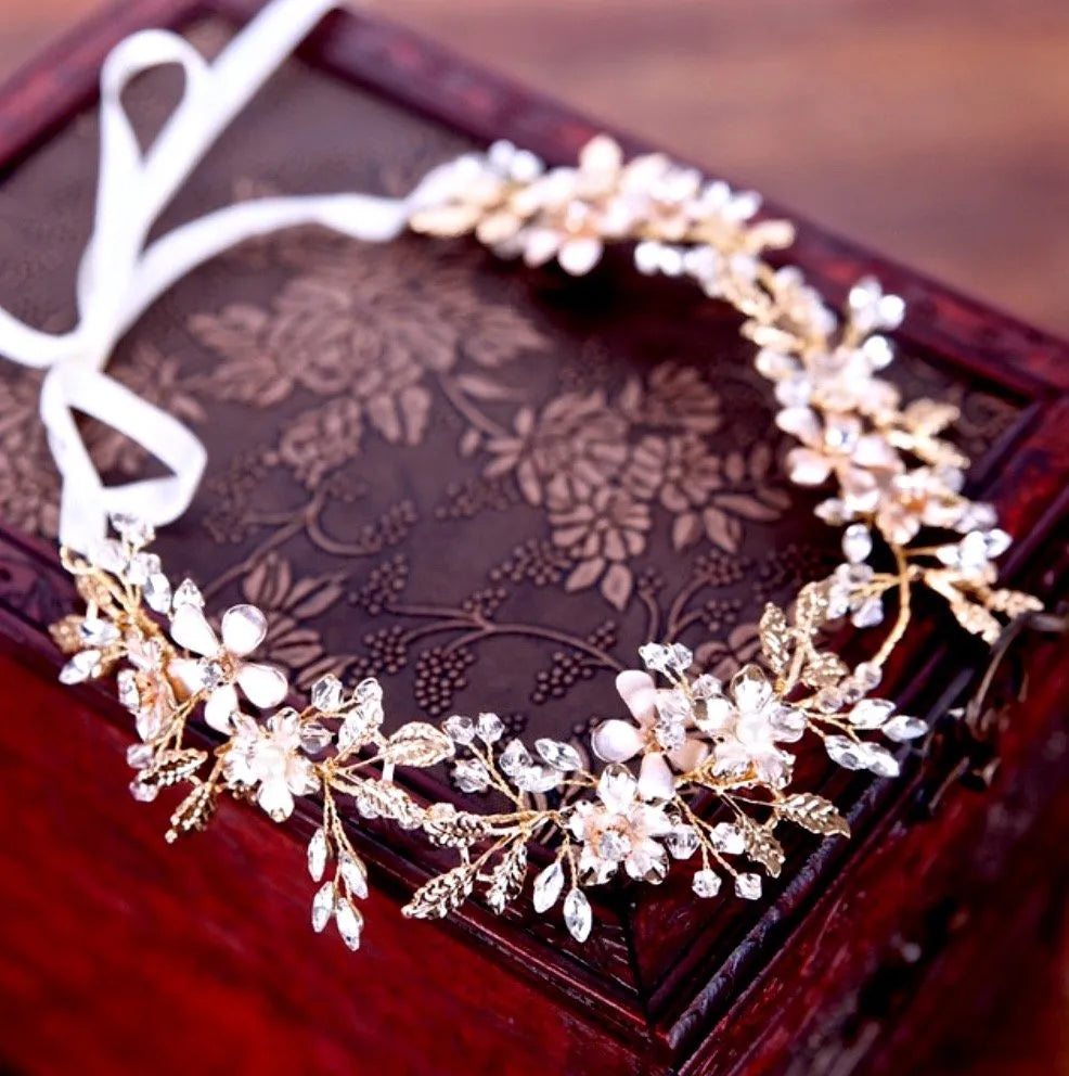 Wedding Hair Accessories - Gold Pearl and Crystal Bridal Headband