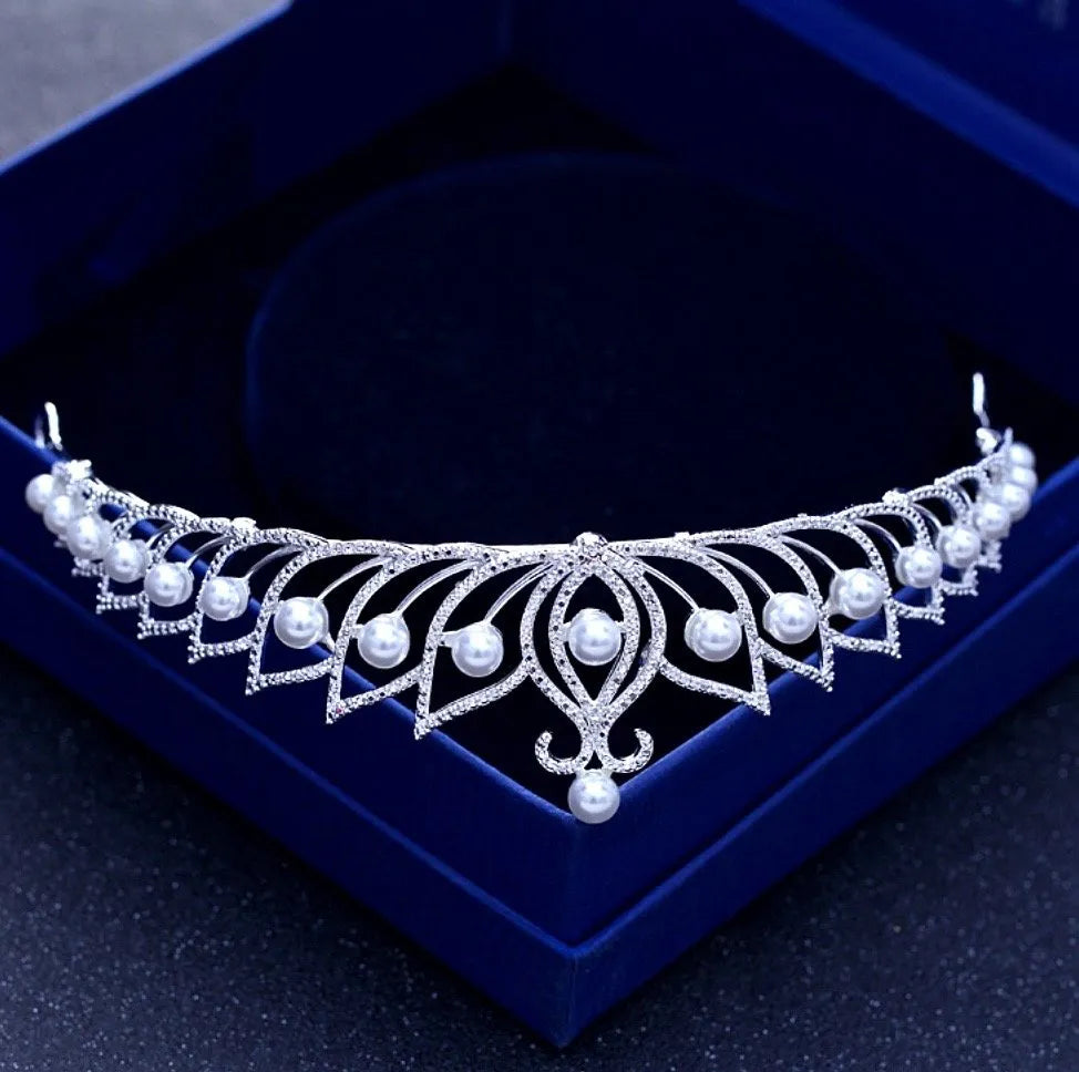 Wedding Hair Accessories - Pearl and Cubic Zirconia Bridal Tiara - Available in Silver and Rose Gold