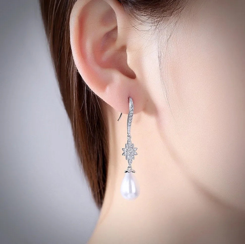 Wedding Jewelry - Pearl and Cubic Zirconia Bridal Earrings