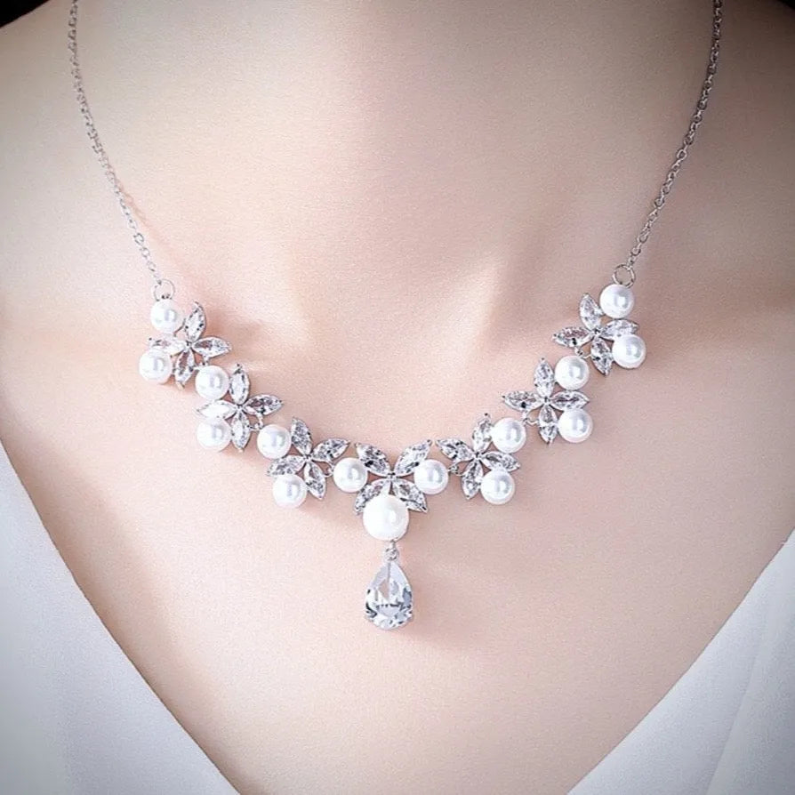 Wedding Jewelry and Accessories - Silver Cubic Zirconia and Pearl 3-Piece Bridal Jewelry Set with Tiara 