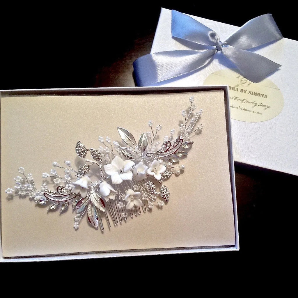 Wedding Hair Accessories - Ceramic Flowers Bridal Hair Comb - Available in Silver, Rose Gold and Yellow Gold
