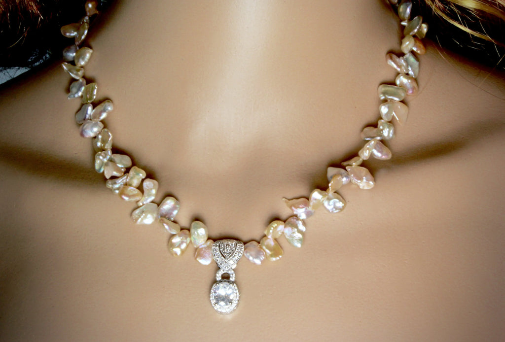 "Bella" - Keshi Pearls and Cubic Zirconia Bridal Necklace and Earrings Set