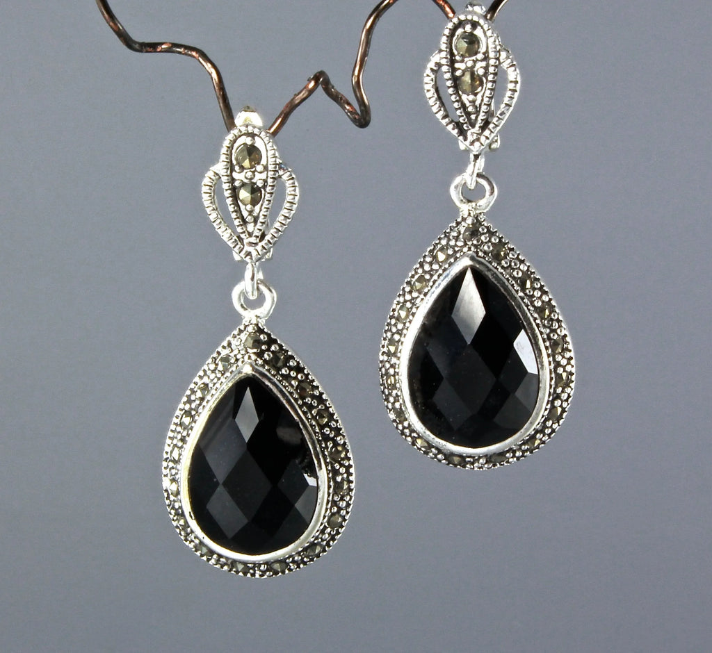 "Dauphine" - Black Agate, Marcasite, and Sterling Silver Necklace/Earrings/Set