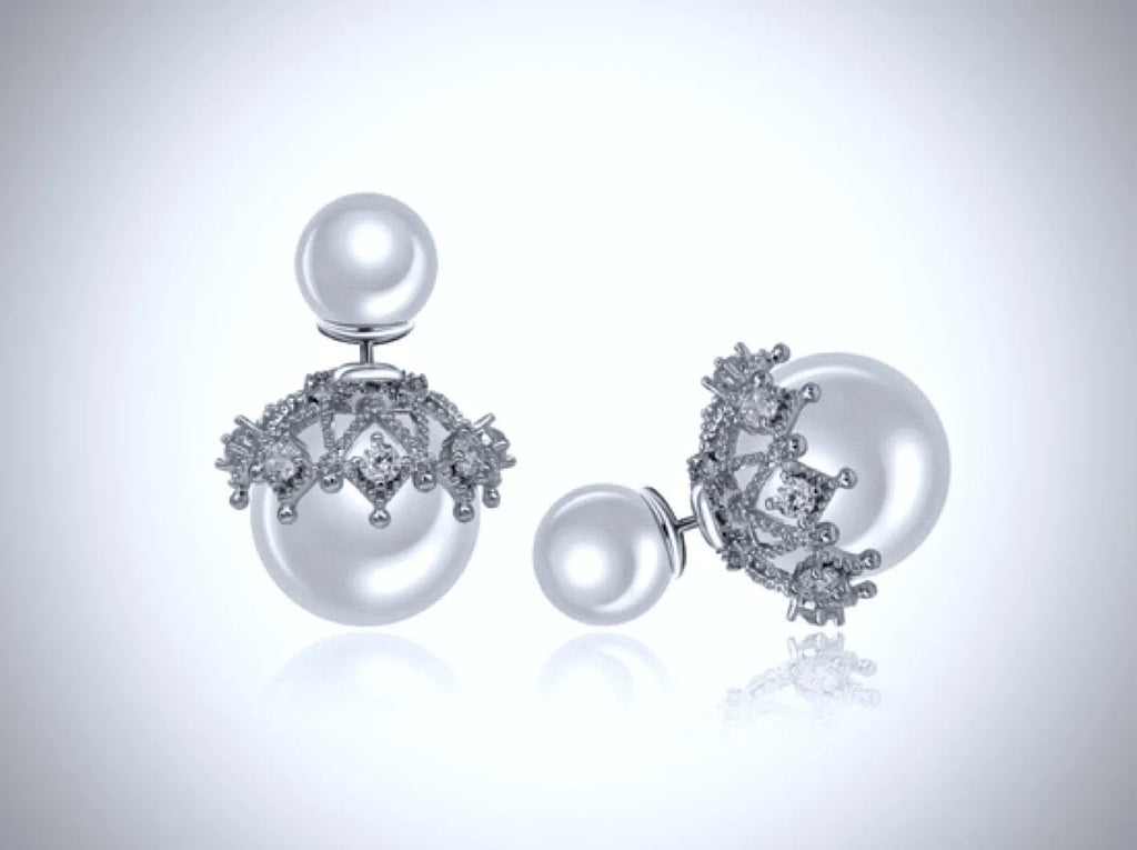 Wedding Jewelry - Double Pearl Bridal Earrings - Available in White and Gray