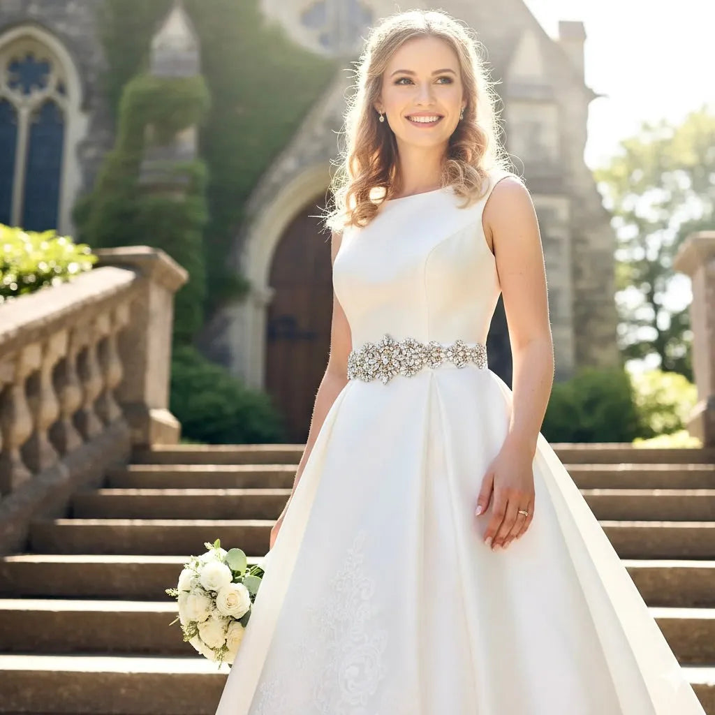 Elegant Gold Crystal Bridal Belt on Champagne Satin Ribbon
