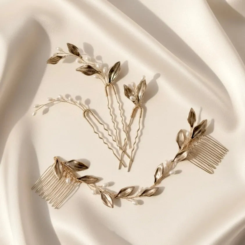 Antique Gold Bridal Hair Accessory Set – Vintage Pearl Hair  display picture 3