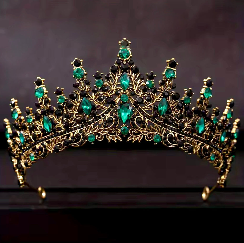 Wedding Hair Accessories - Baroque Bridal Tiara - Antique Gold with Green Crystals