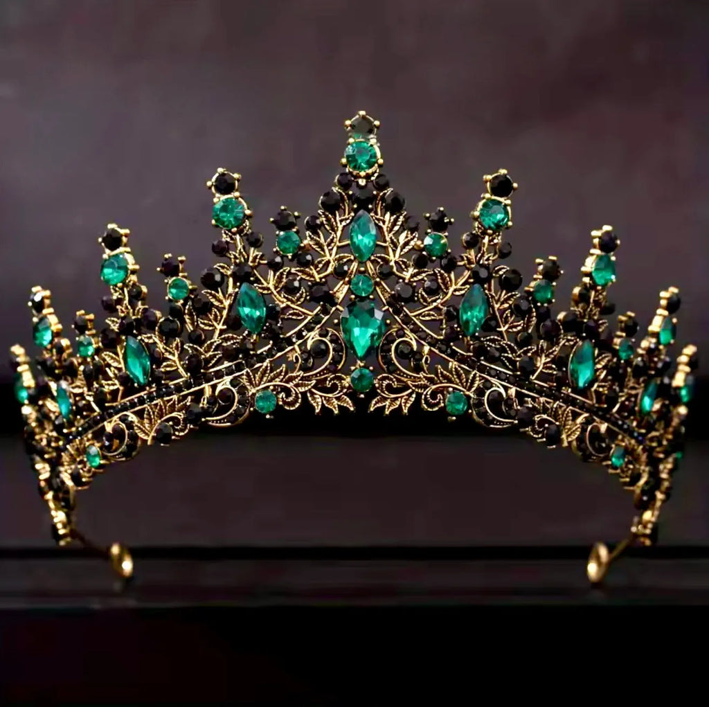 Wedding Hair Accessories - Baroque Bridal Tiara - Antique Gold with Green Crystals