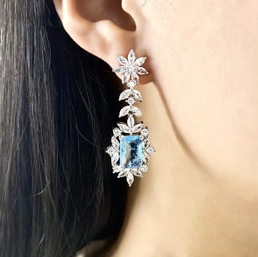 Wedding Jewelry - Aqua Blue Cubic Zirconia Bridal Earrings
