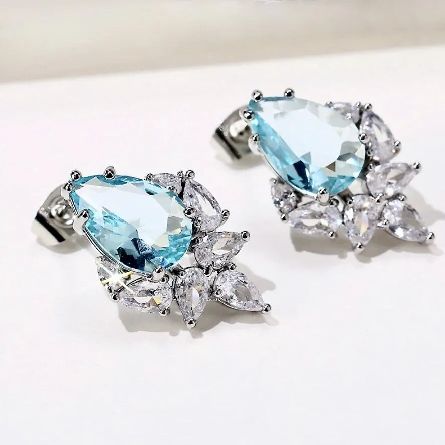 Wedding Jewelry - AquWedding Jewelry - CZ Bridal Stud Earrings - More Colorsamarine CZ Bridal Stud Earrings