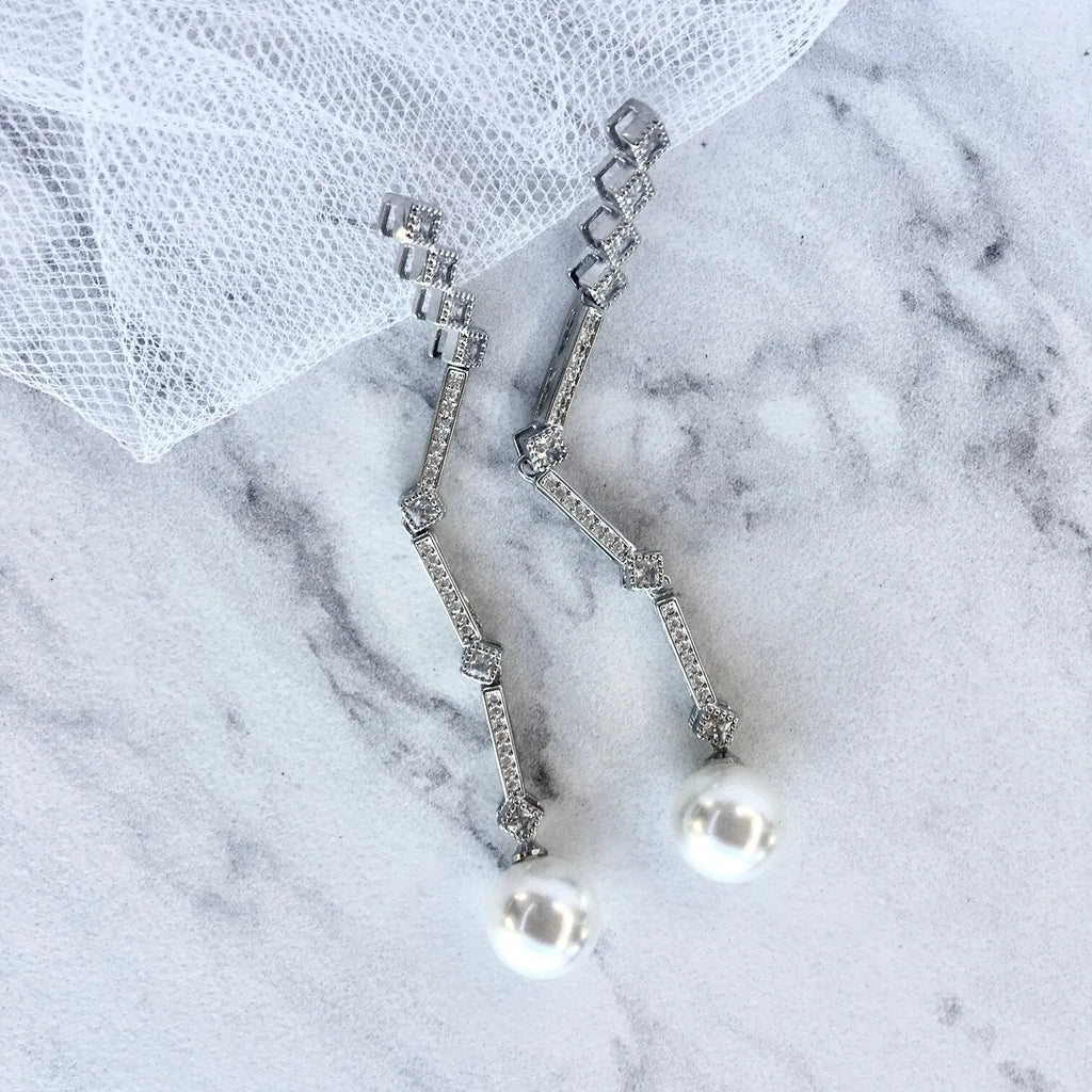 Wedding Jewelry - Art Deco Pearl and CZ Bridal Earrings