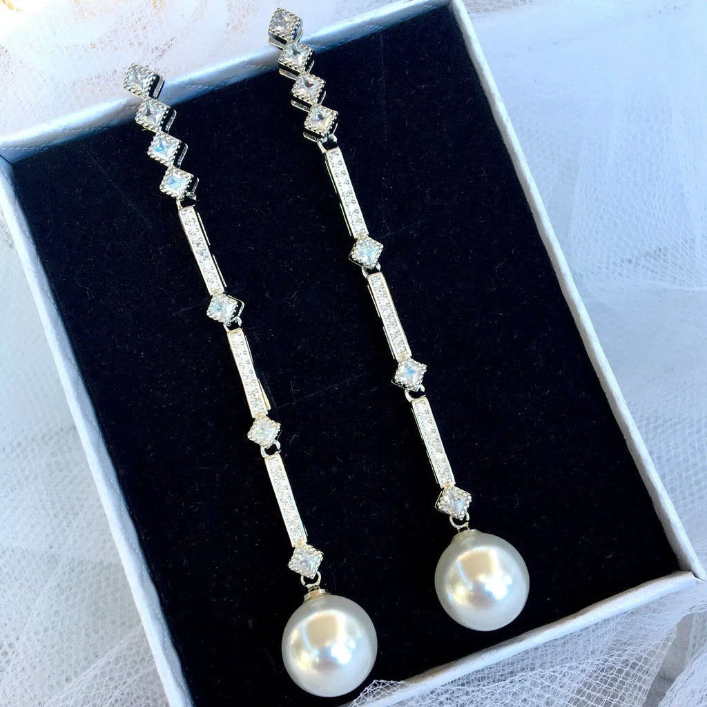 Wedding Jewelry - Art Deco Pearl and CZ Bridal Earrings