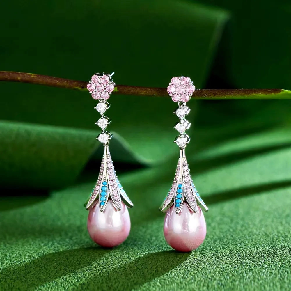 Wedding Jewelry - Art Deco Pink Pearl Bridal Earrings