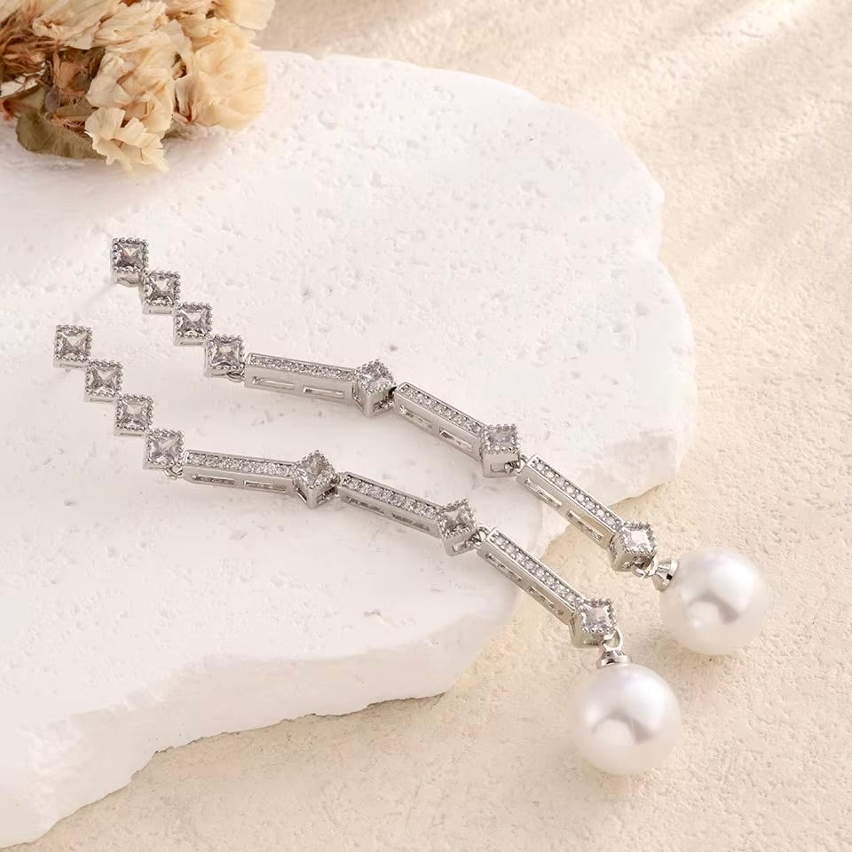 Wedding Jewelry - Art Deco Pearl and CZ Bridal Earrings