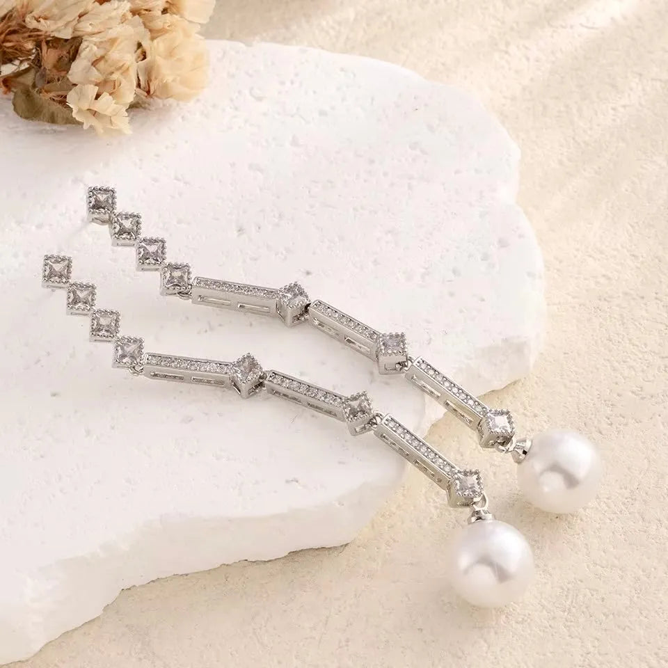 Wedding Jewelry - Art Deco Pearl and CZ Bridal Earrings