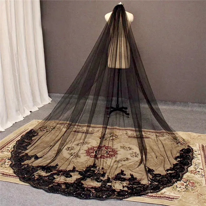 Wedding Veils - Black Lace Edge Cathedral Bridal Veil