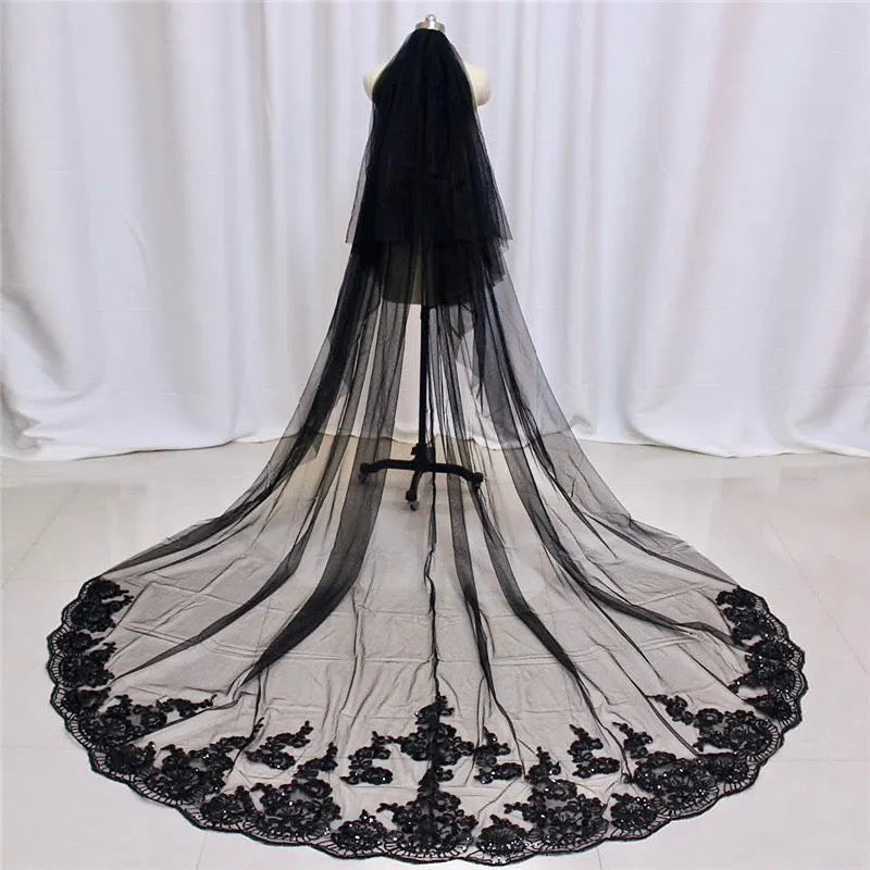 Wedding Veils - Black Lace Edge Cathedral Bridal Veil