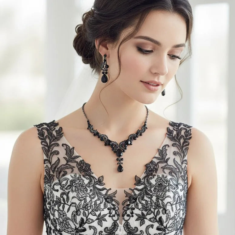 Elegant Black Bridal Jewelry Set | Black Crystal Necklace, Earrings & Bracelet
