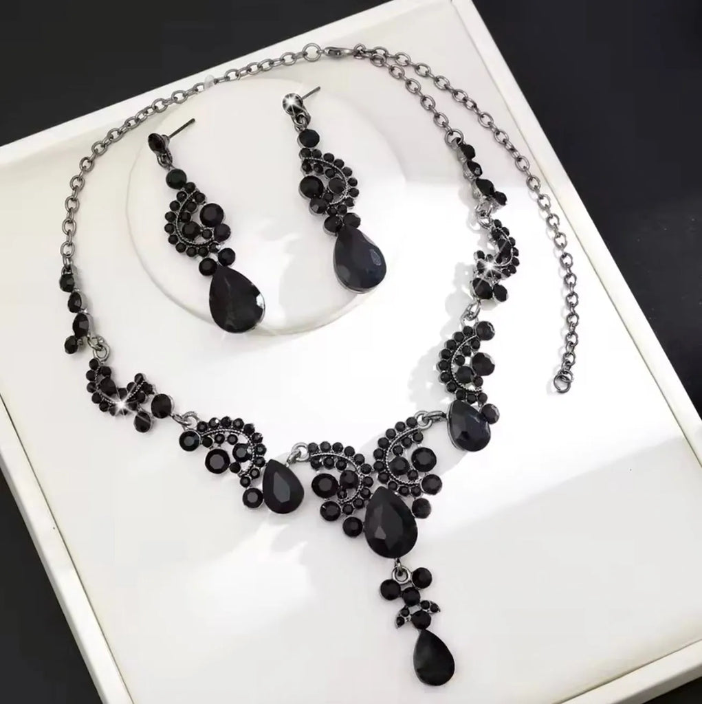 Elegant Black Bridal Jewelry Set | Black Crystal Necklace, Earrings & Bracelet