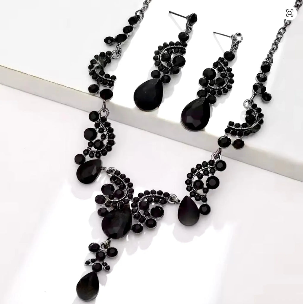 Elegant Black Bridal Jewelry Set | Black Crystal Necklace, Earrings & Bracelet