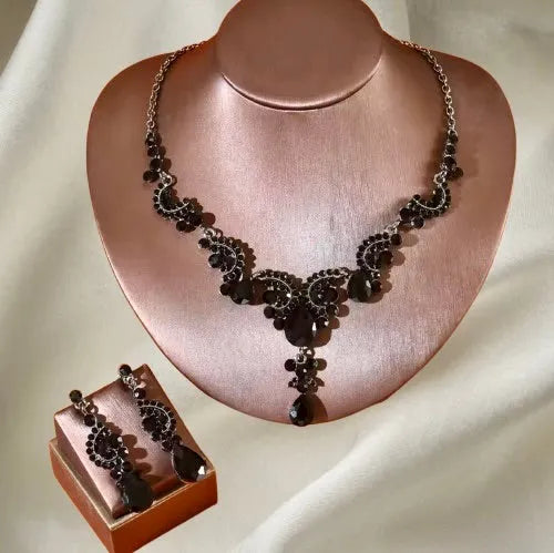 Elegant Black Bridal Jewelry Set | Black Crystal Necklace, Earrings & Bracelet