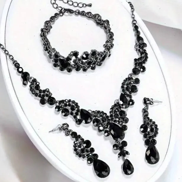 Elegant Black Bridal Jewelry Set | Black Crystal Necklace, Earrings & Bracelet
