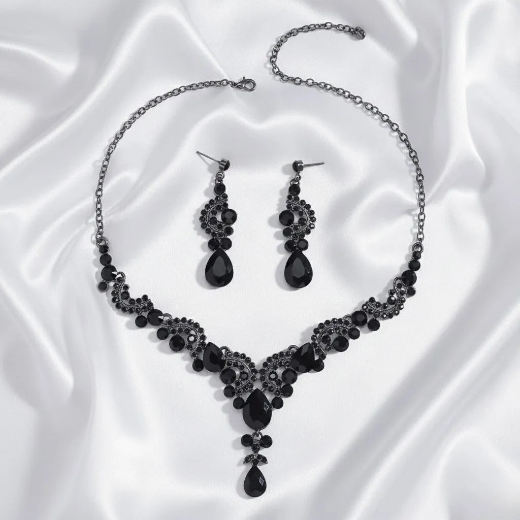 Elegant Black Bridal Jewelry Set | Black Crystal Necklace, Earrings & Bracelet